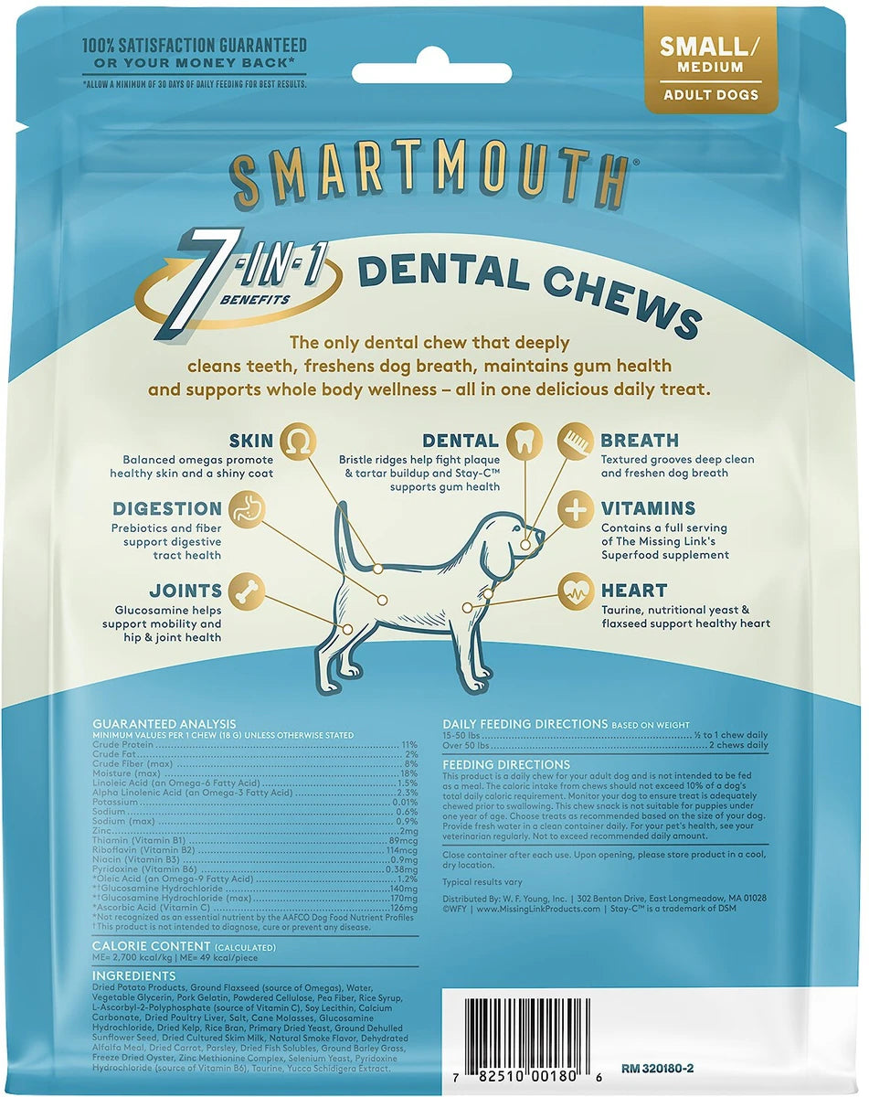 The Missing Link Smartmouth 7-in-1 Dental Chews for Small & Medium Dogs, 15 to 50-lbs, 28 count