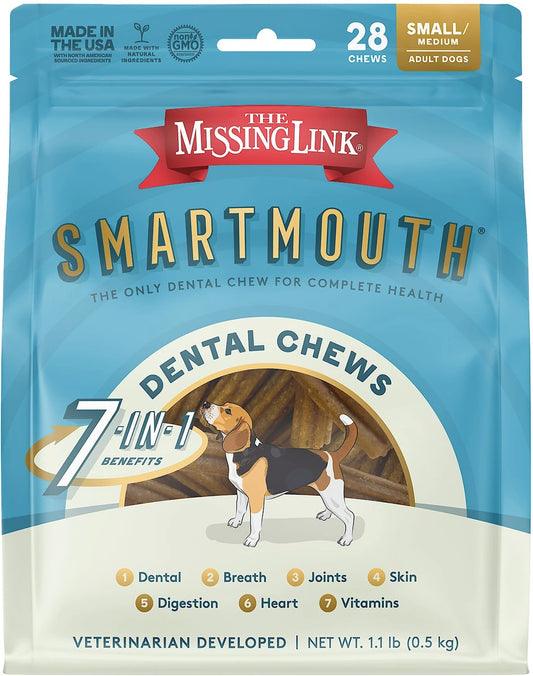 The Missing Link Smartmouth 7-in-1 Dental Chews for Small & Medium Dogs, 15 to 50-lbs, 28 count